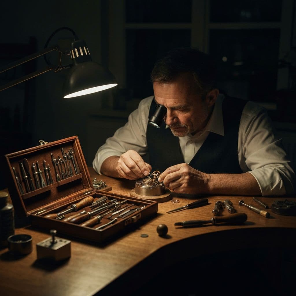 Watchmaker authenticating a luxury timepiece