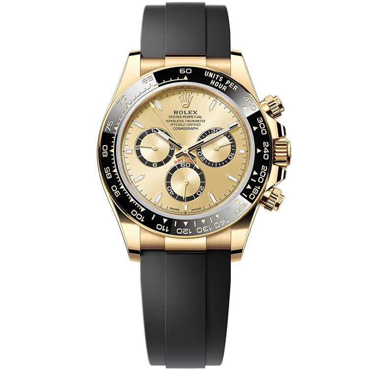 Rolex Daytona ref. 126518LN champagne dial yellow gold case rubber bracelet 40mm