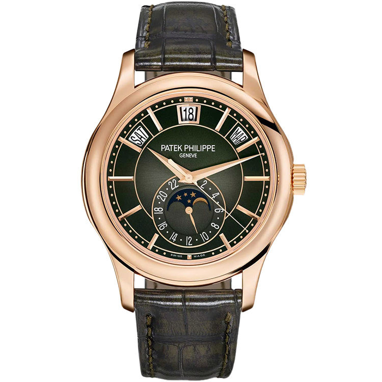 Patek Philippe Complications 5205R olive dial rose gold case leather bracelet 40mm