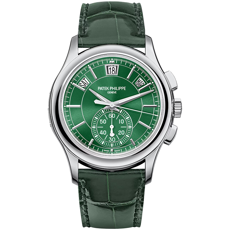 Patek Philippe Complications 5905P green dial platinum case leather bracelet 40mm