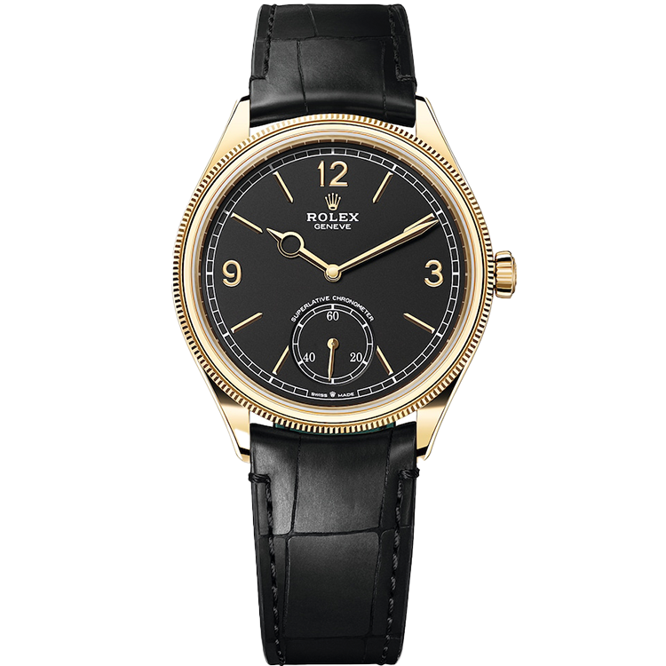 Rolex 1908 ref. 52508 black dial yellow gold case leather bracelet 39mm
