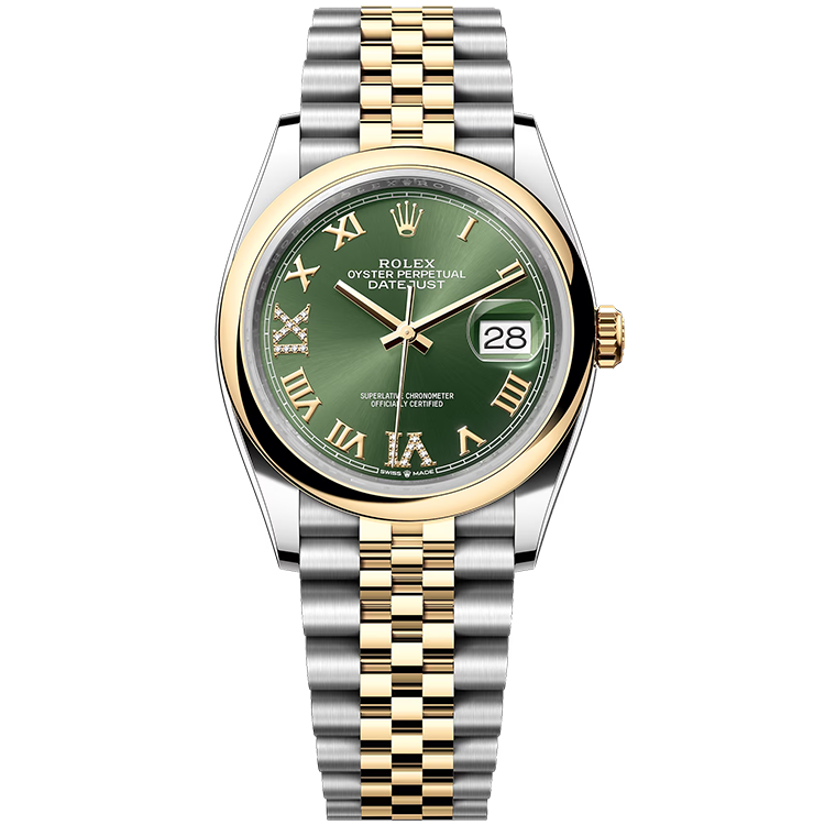 Rolex Datejust ref. 126203 green dial steel case two-tone bracelet 36mm