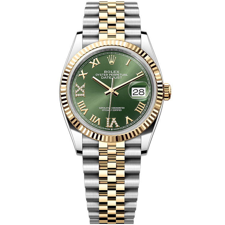 Rolex Datejust ref. 126233 green dial steel case two-tone bracelet 36mm