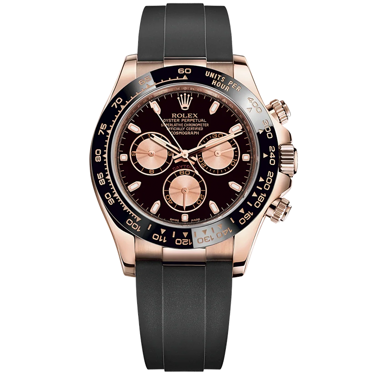 Rolex Daytona ref. 116515LN black dial rose gold case rubber bracelet 40mm
