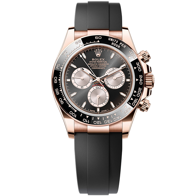Rolex Daytona ref. 126515LN black dial rose gold case rubber bracelet 40mm