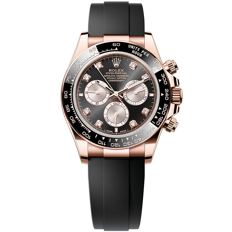 Rolex Daytona ref. 126515LN black dial rose gold case rubber bracelet 40mm