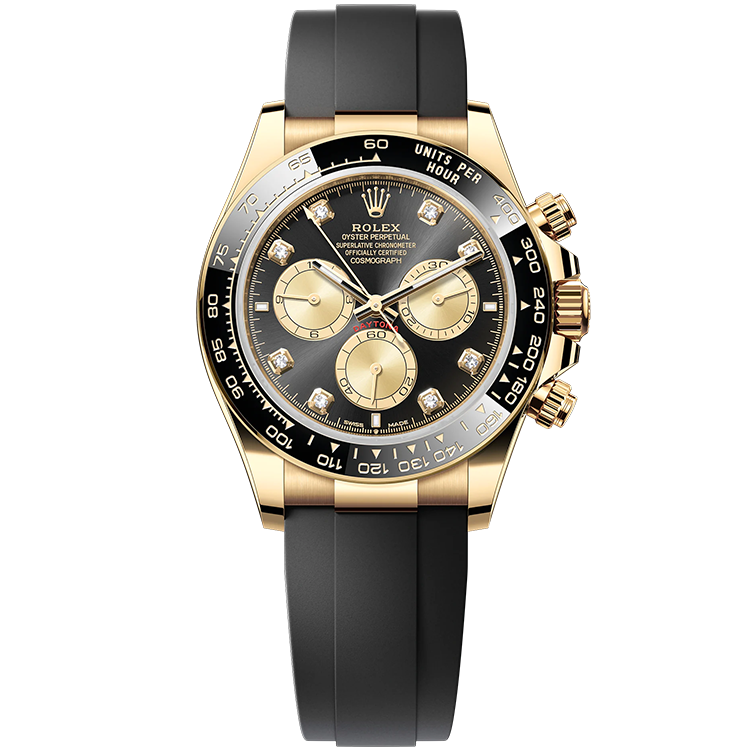 Rolex Daytona ref. 126518LN black dial yellow gold case rubber bracelet 40mm