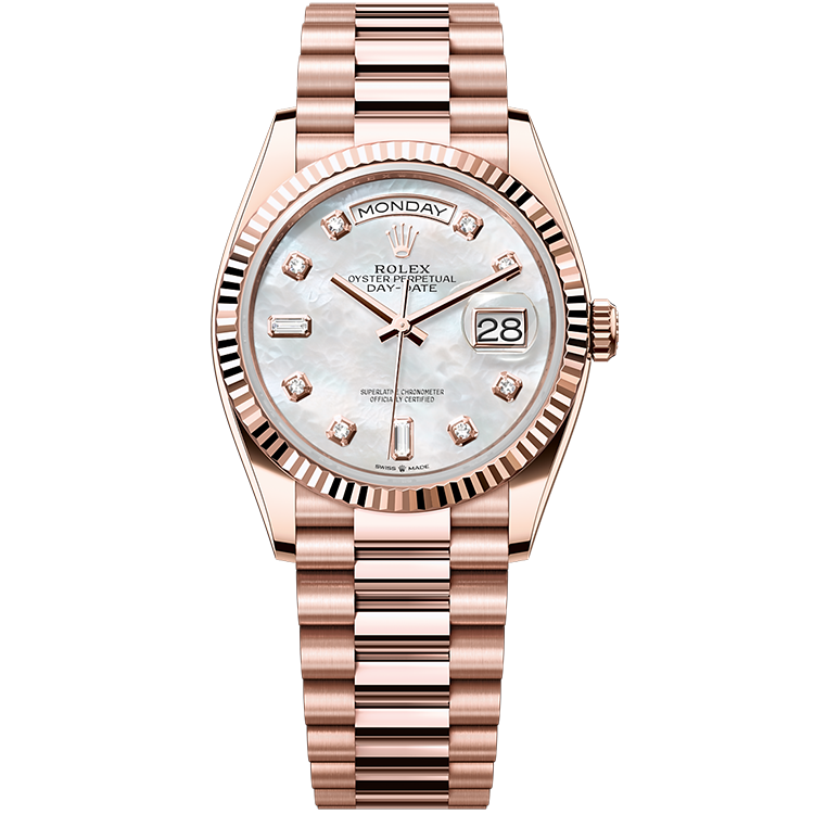 Rolex Day-Date ref. 128235 mother of pearl dial rose gold case rose gold bracelet 36mm