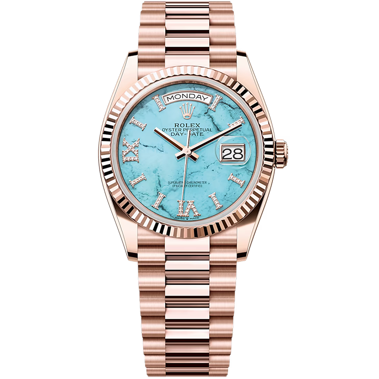 Rolex Day-Date ref. 128235 blue dial rose gold case rose gold bracelet 36mm