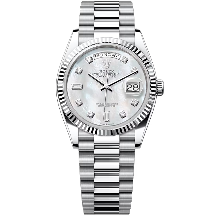 Rolex Day-Date ref. 128236 mother of pearl dial platinum case platinum bracelet 36mm