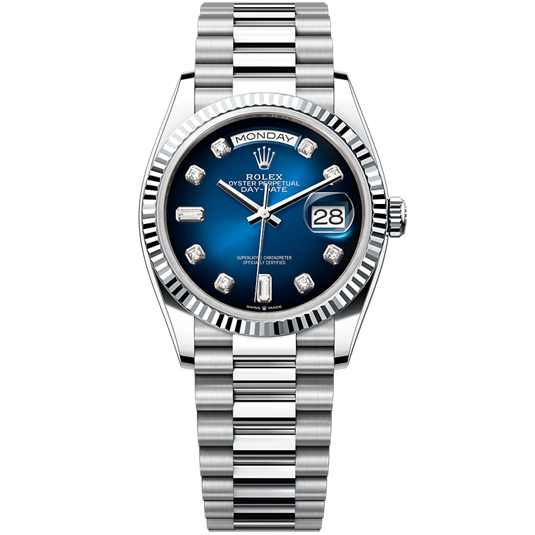 Rolex Day-Date ref. 128236 blue dial platinum case platinum bracelet 36mm