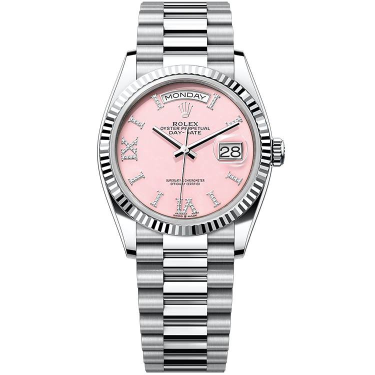 Rolex Day-Date ref. 128236 pink dial platinum case platinum bracelet 36mm