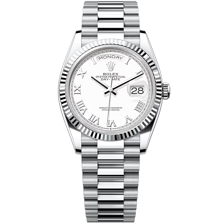 Rolex Day-Date ref. 128236 white dial platinum case platinum bracelet 36mm