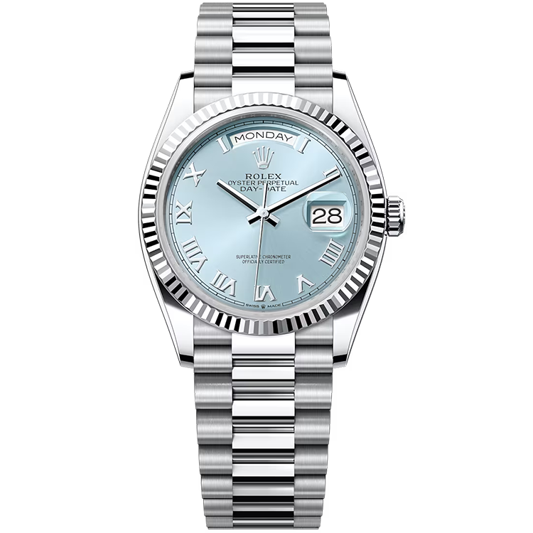 Rolex Day-Date ref. 128236 blue dial platinum case platinum bracelet 36mm