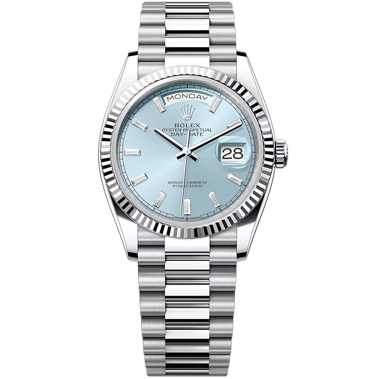Rolex Day-Date ref. 128236 blue dial platinum case platinum bracelet 36mm