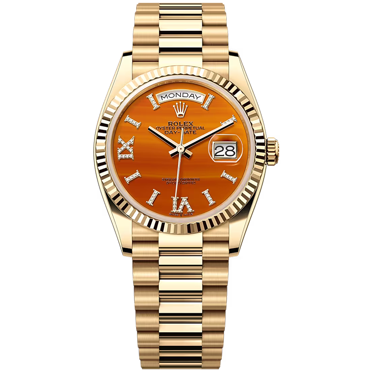Rolex Day-Date ref. 128238 orange dial yellow gold case yellow gold bracelet 36mm