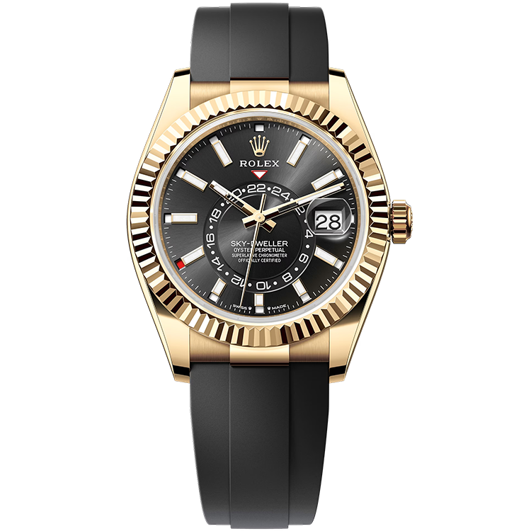 Rolex Sky-Dweller ref. 336238 black dial yellow gold case rubber bracelet 42mm