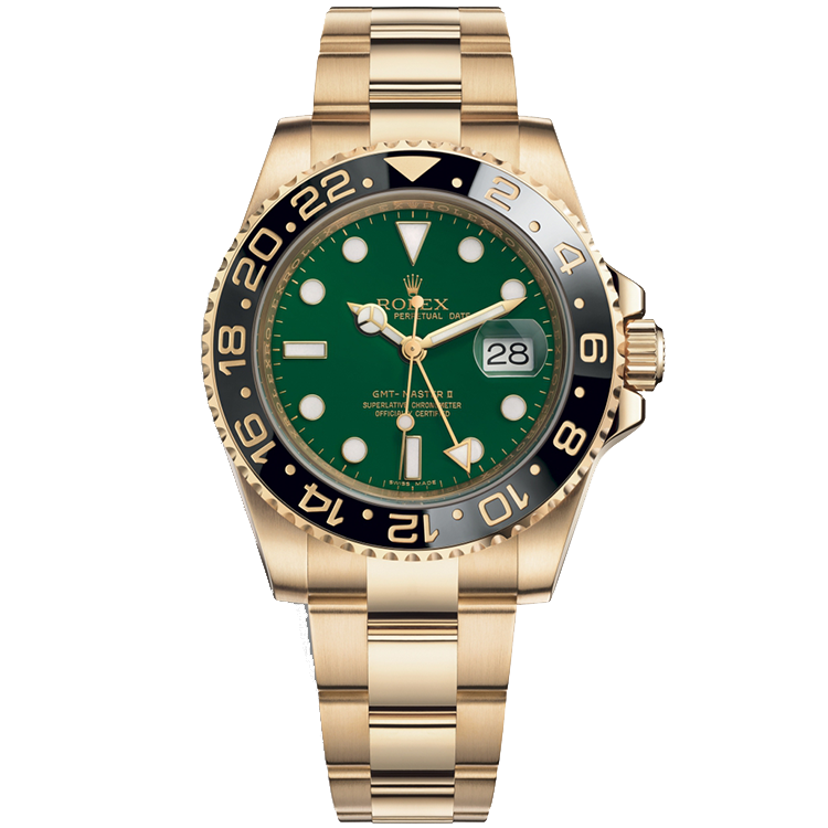 Rolex GMT-Master II ref. 116718LN green dial yellow gold case steel bracelet 40mm