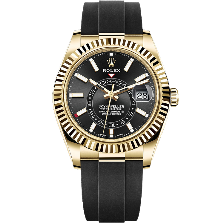 Rolex Sky-Dweller ref. 326238 black dial yellow gold case rubber bracelet 42mm