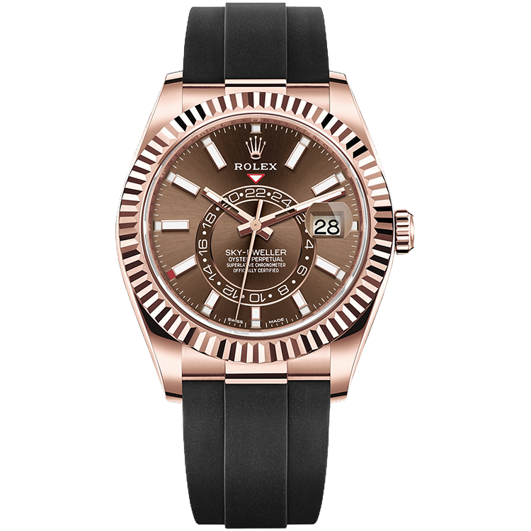 Rolex Sky-Dweller ref. 326235 chocolate dial rose gold case rubber bracelet 42mm