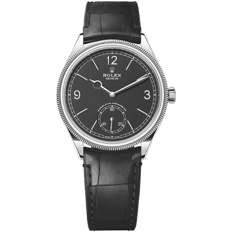 Rolex 1908 ref. 52509 black dial white gold case leather bracelet 39mm
