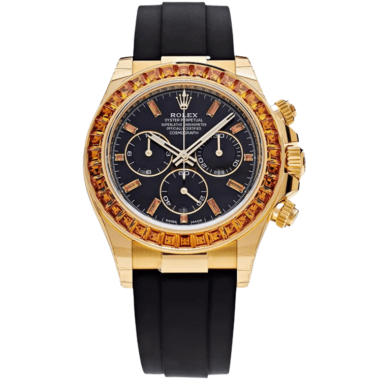 Rolex Daytona ref. 116588SACO black dial yellow gold case rubber bracelet 40mm