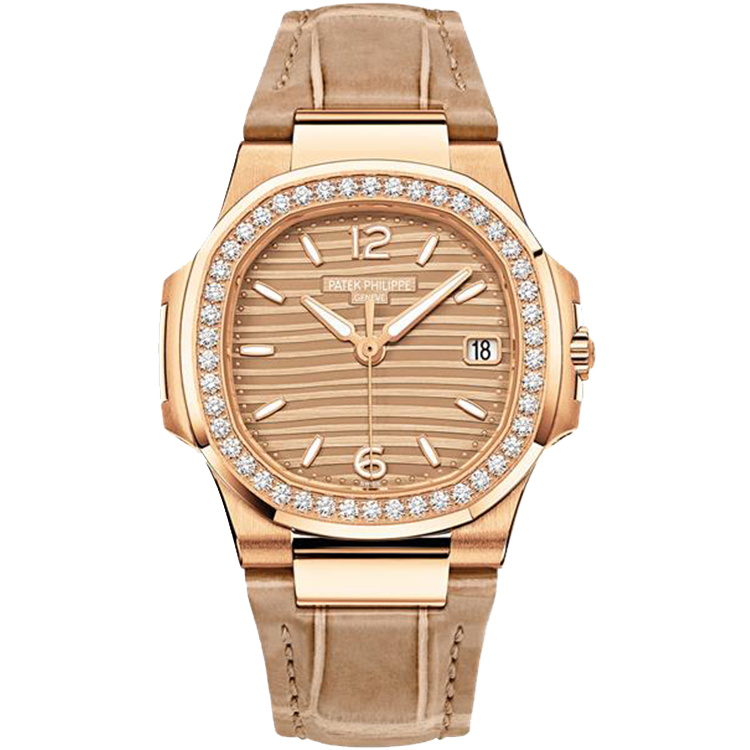 Patek Philippe Lady Nautilus 7010R champagne dial rose gold case leather bracelet 32mm