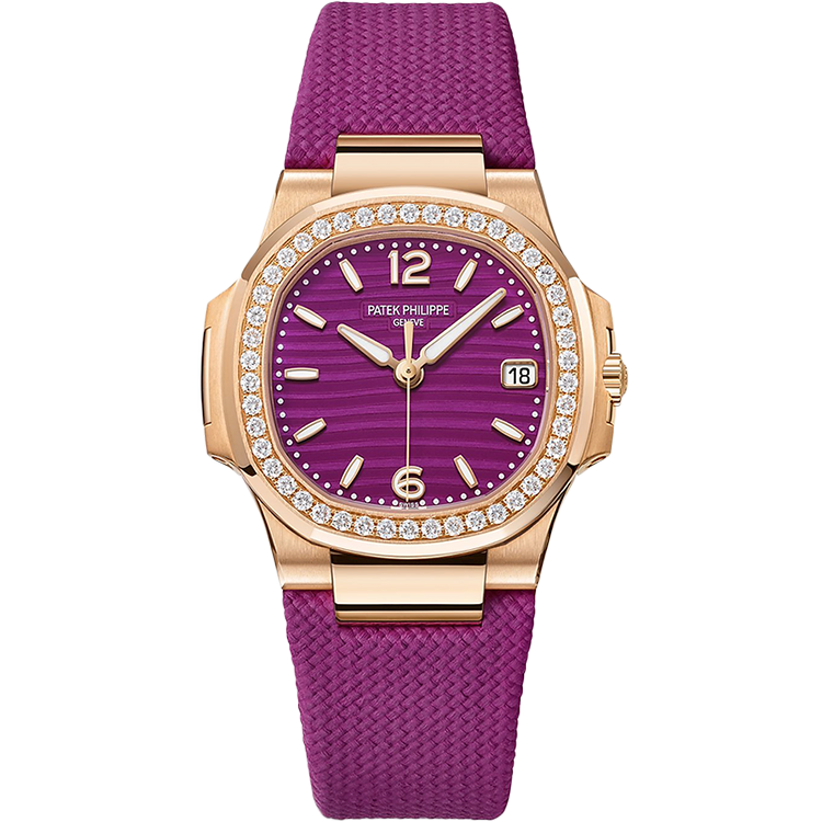Patek Philippe Lady Nautilus 7010R purple dial rose gold case fabric bracelet 32mm