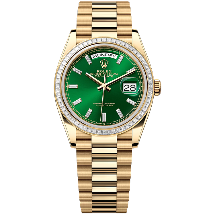 Rolex Day-Date ref. 128398TBR green dial yellow gold case yellow gold bracelet 36mm