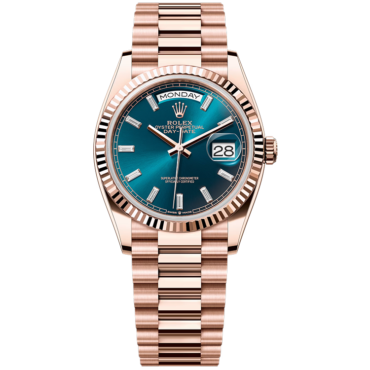 Rolex Day-Date ref. 128235 blue dial rose gold case rose gold bracelet 36mm