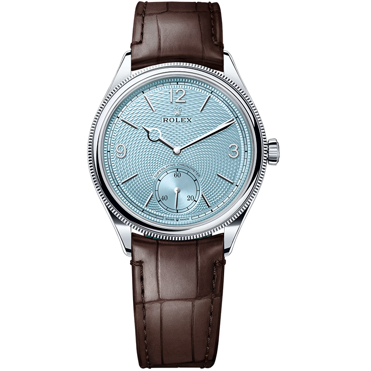 Rolex 1908 ref. 52506 blue dial platinum case leather bracelet 39mm