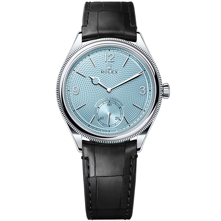 Rolex 1908 ref. 52506 blue dial platinum case leather bracelet 39mm