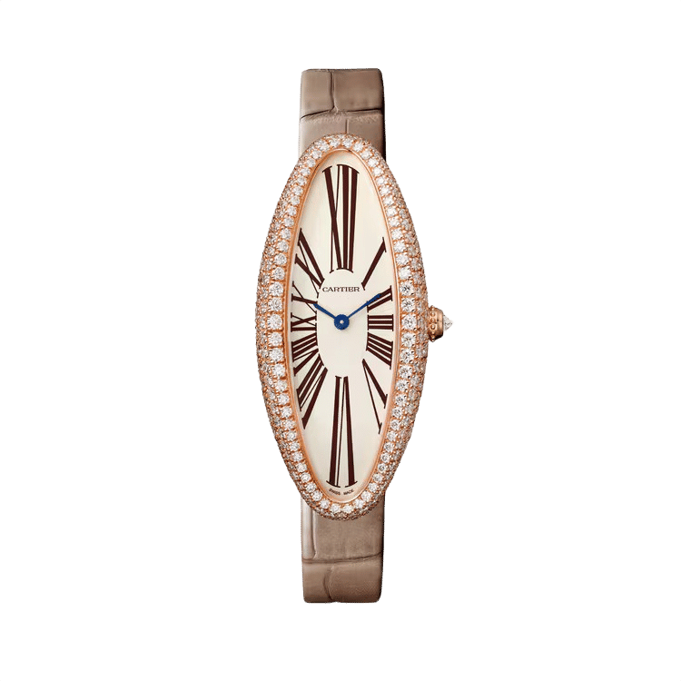 Cartier Baignoire Allongée ref. WJBA0006 silver dial rose gold case leather bracelet 21mm