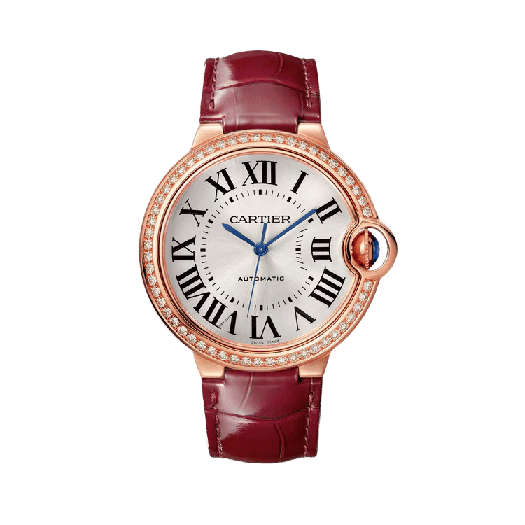 Cartier Ballon Bleu Medium ref. WJBB0034 silver dial rose gold case leather bracelet 36mm