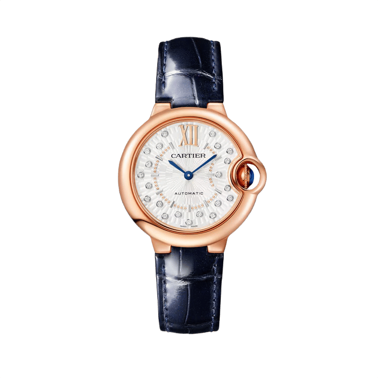 Cartier Ballon Bleu Small ref. WGBB0052 white dial rose gold case leather bracelet 33mm