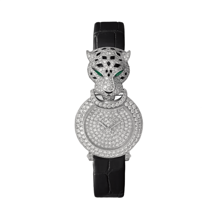 Cartier La Panthère ref. HPI01426 diamond pave dial steel case leather bracelet 23.6mm