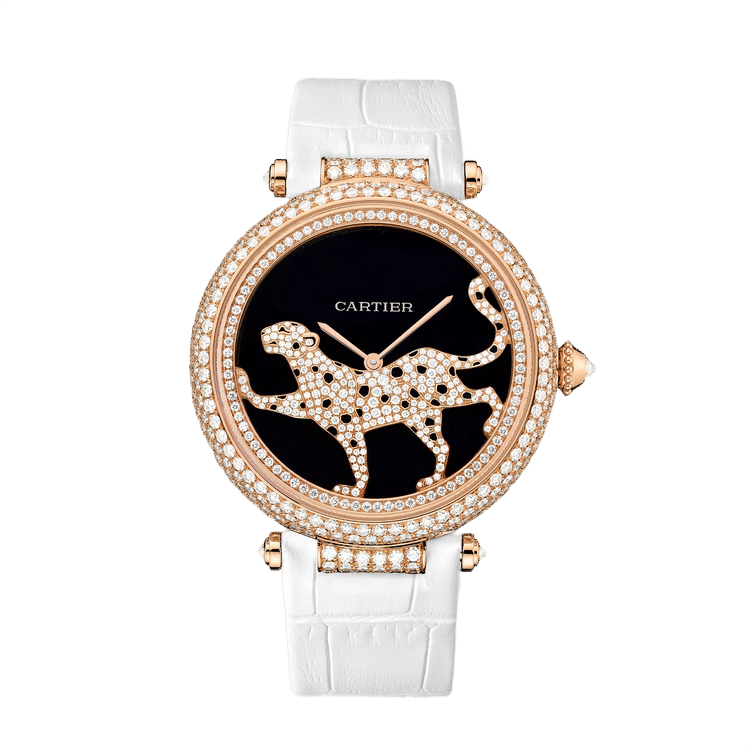 Cartier Panthère Jewelry ref. HPI00684 black dial rose gold case leather bracelet 42mm