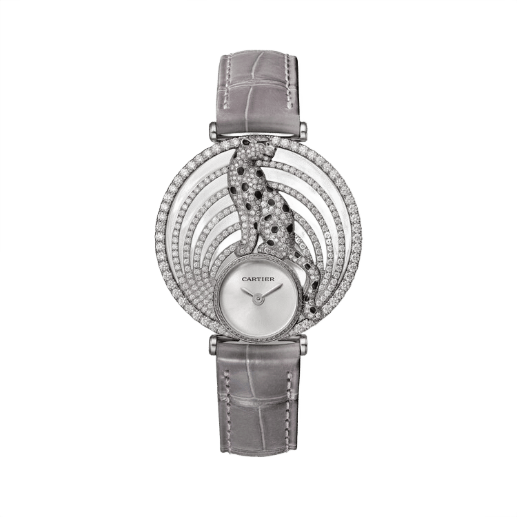 Cartier Panthère Jewelry ref. HPI01014 silver dial white gold case leather bracelet 36mm