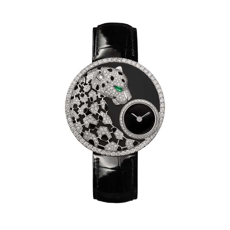 Cartier Panthère Jewelry ref. HPI01294 black dial steel case leather bracelet 23.6mm