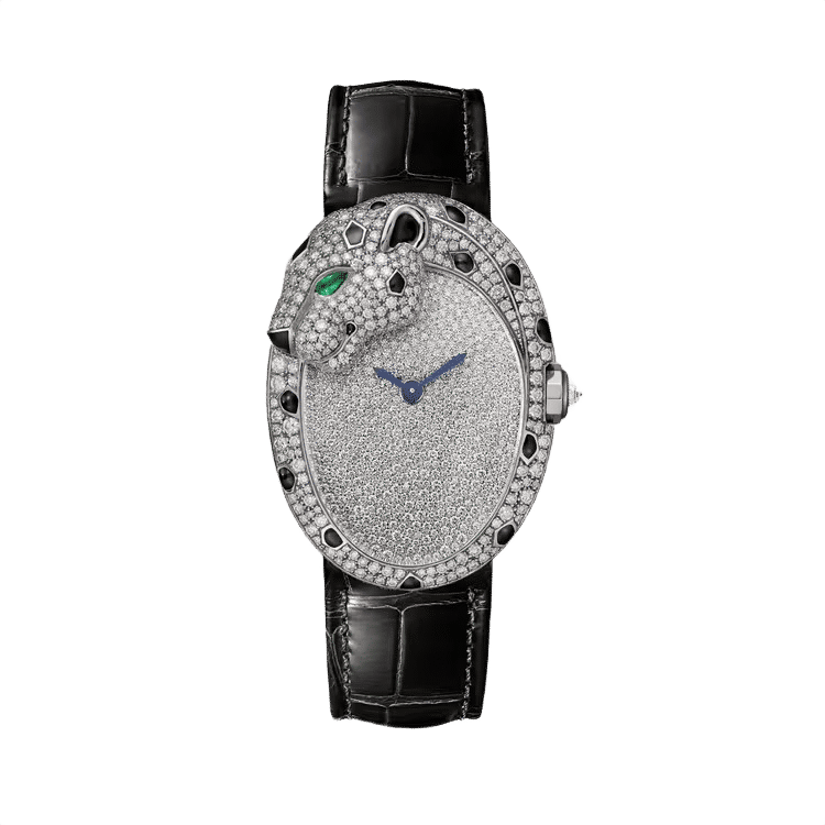 Cartier Panthère Jewelry ref. HPI01352 diamond pave dial white gold case leather bracelet 28.6mm