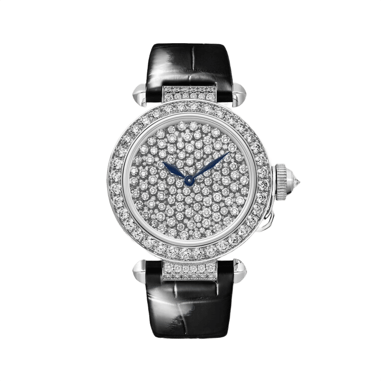 Cartier Pasha ref. HPI01450 diamond pave dial white gold case leather bracelet 35mm