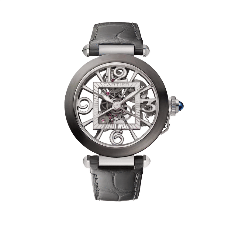 Cartier Pasha ref. WHPA0017 skeleton dial black steel case leather bracelet 41mm