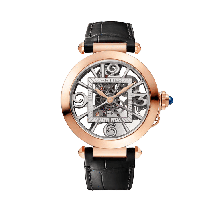 Cartier Pasha ref. WHPA0018 skeleton dial rose gold case leather bracelet 41mm