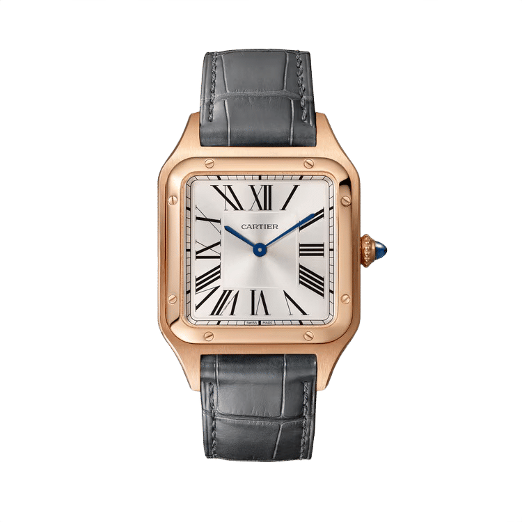 Cartier Santos Dumont ref. WGSA0021 silver dial rose gold case leather bracelet 31.4mm