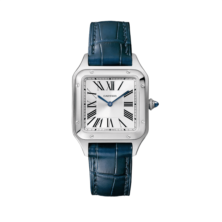 Cartier Santos Dumont ref. WSSA0023 silver dial steel case leather bracelet 27.5mm