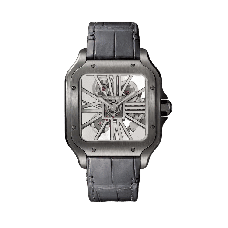 Cartier Santos Skeleton ref. WHSA0009 skeleton dial black steel case leather bracelet 39.7mm