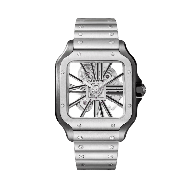 Cartier Santos Skeleton ref. WHSA0027 skeleton dial black steel case steel bracelet 39.8mm